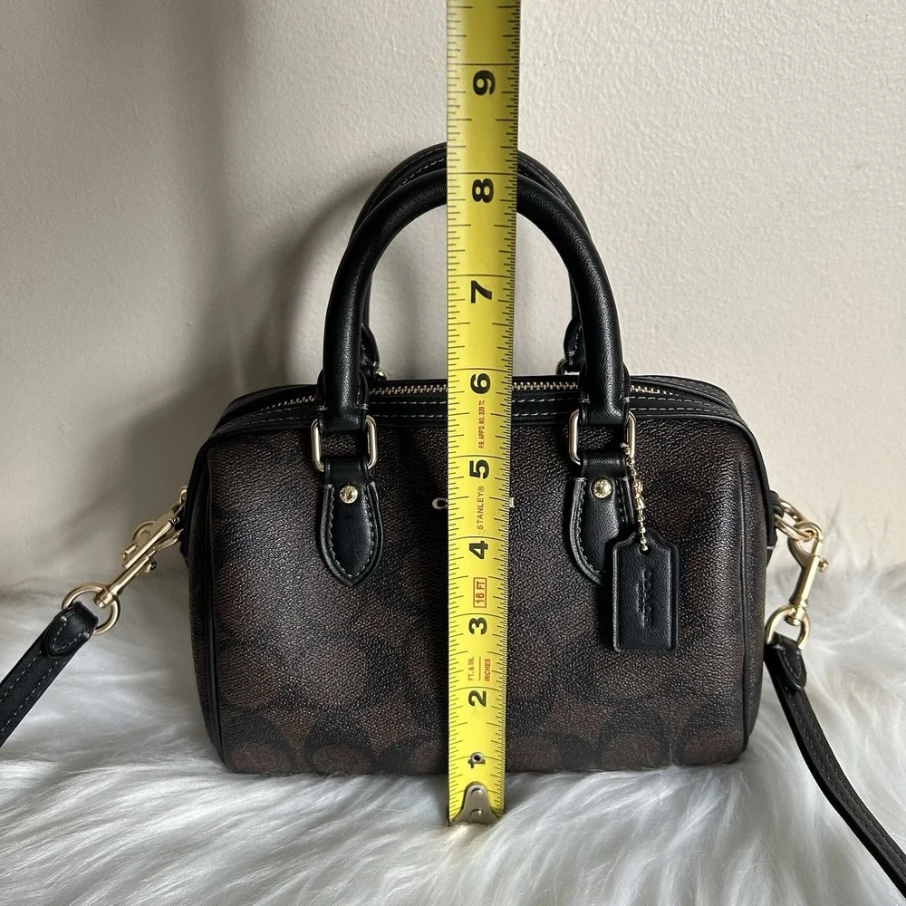 Coach Mini Rowan Brown Black‎ Signature Canvas Leather Satchel Bag Excellent